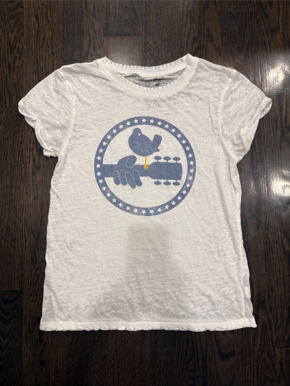 Recycled Karma White Short-Sleeve Woodstock Tee with Blue Bird Guitar Graphic